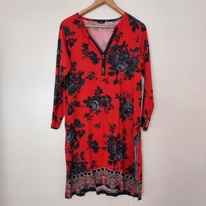 Sapphire Women Red Black Floral Long Sleeve‎ Tunic Dress Side Slits S